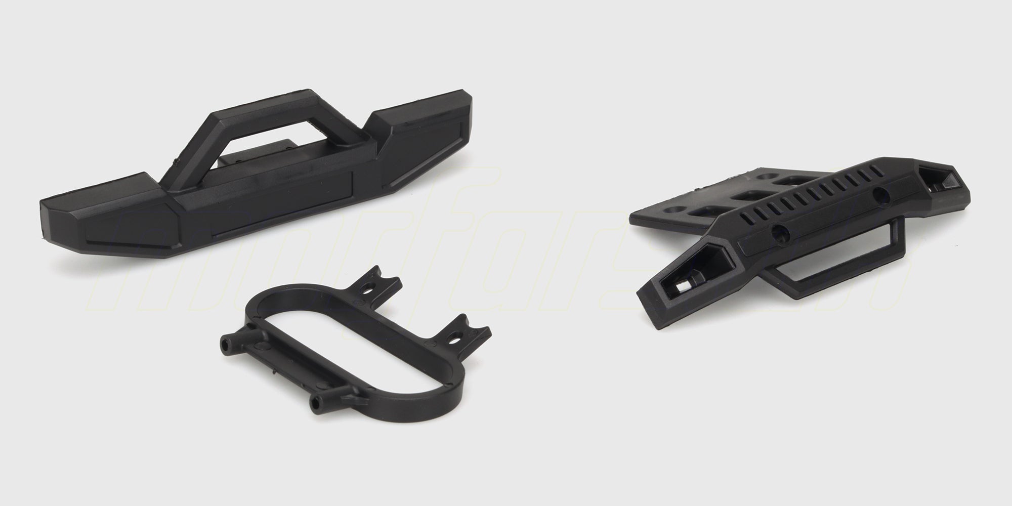 Sorte kofangere til front og bag på en Hammer fjernstyret bil vist på hvid baggrund.