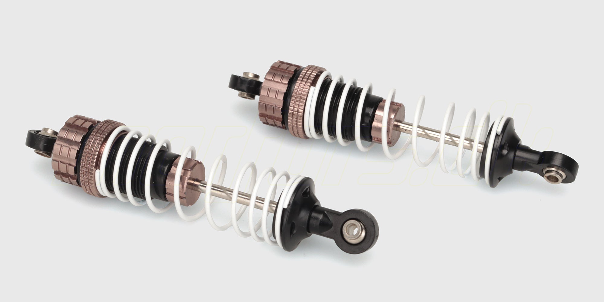 To sorte Hammer frontstøddæmpere med sølvfarvede fjedre til fjernstyrede biler vist på en hvid baggrund.