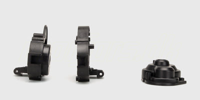 Sort gearkassehus i plast til Hammer fjernstyret bil med præcise monteringshuller.