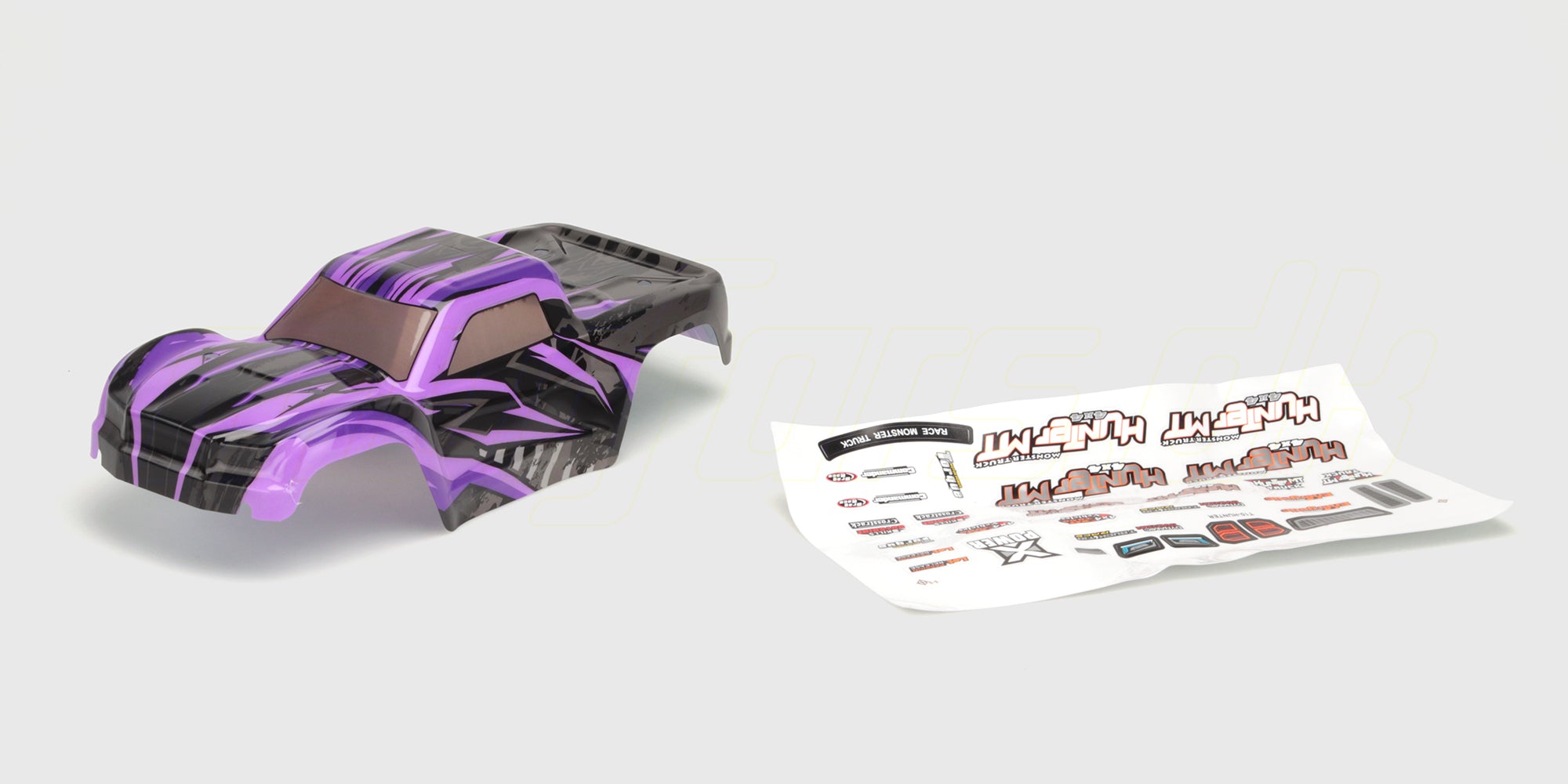 Lilla Hunter Body karrosseri til fjernstyret bil med detaljerede ruder og aerodynamisk design.