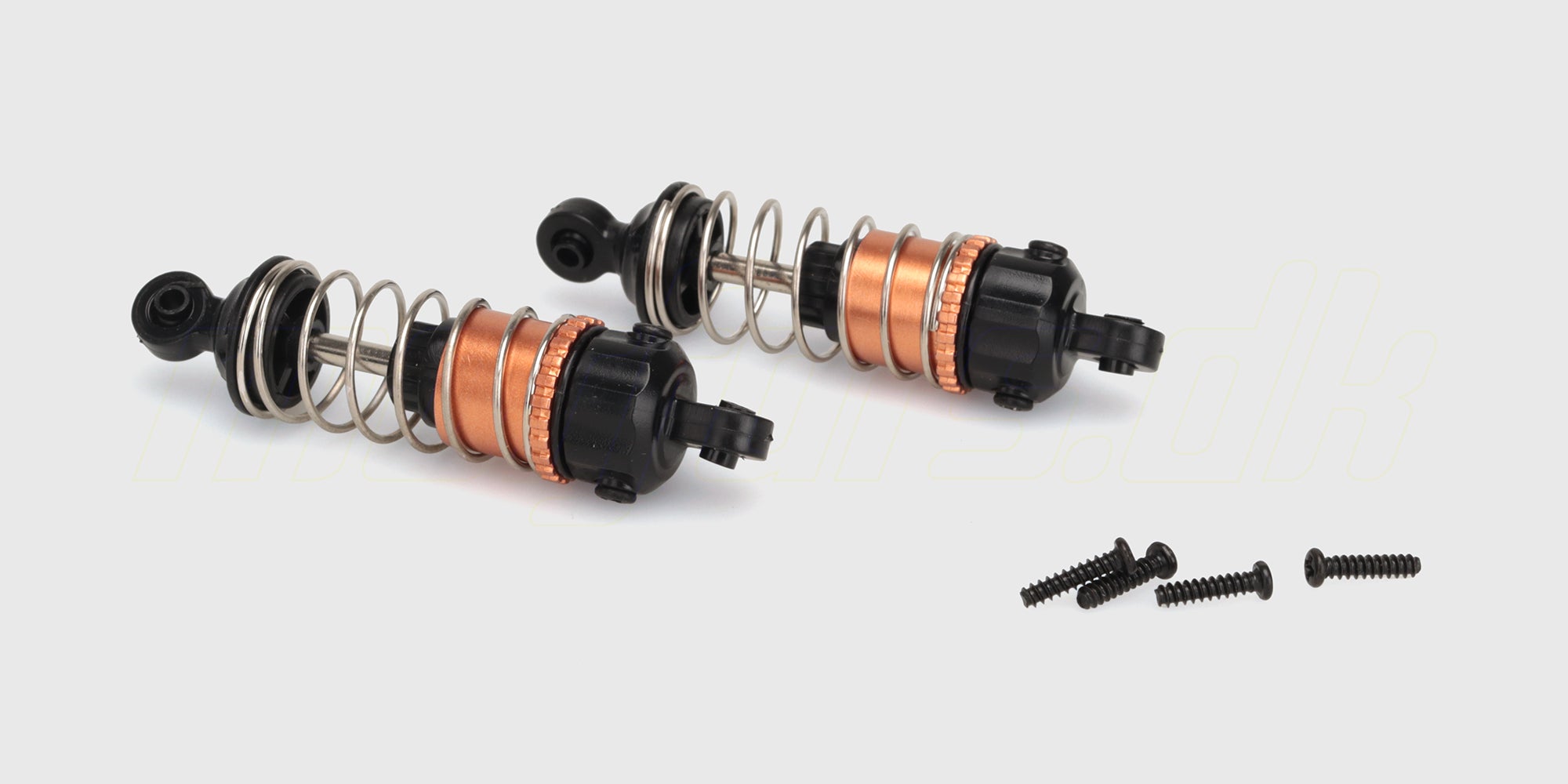 To blå og sorte justerbare Hurricane-støddæmpere i aluminium til fjernstyrede biler vist på en hvid baggrund.