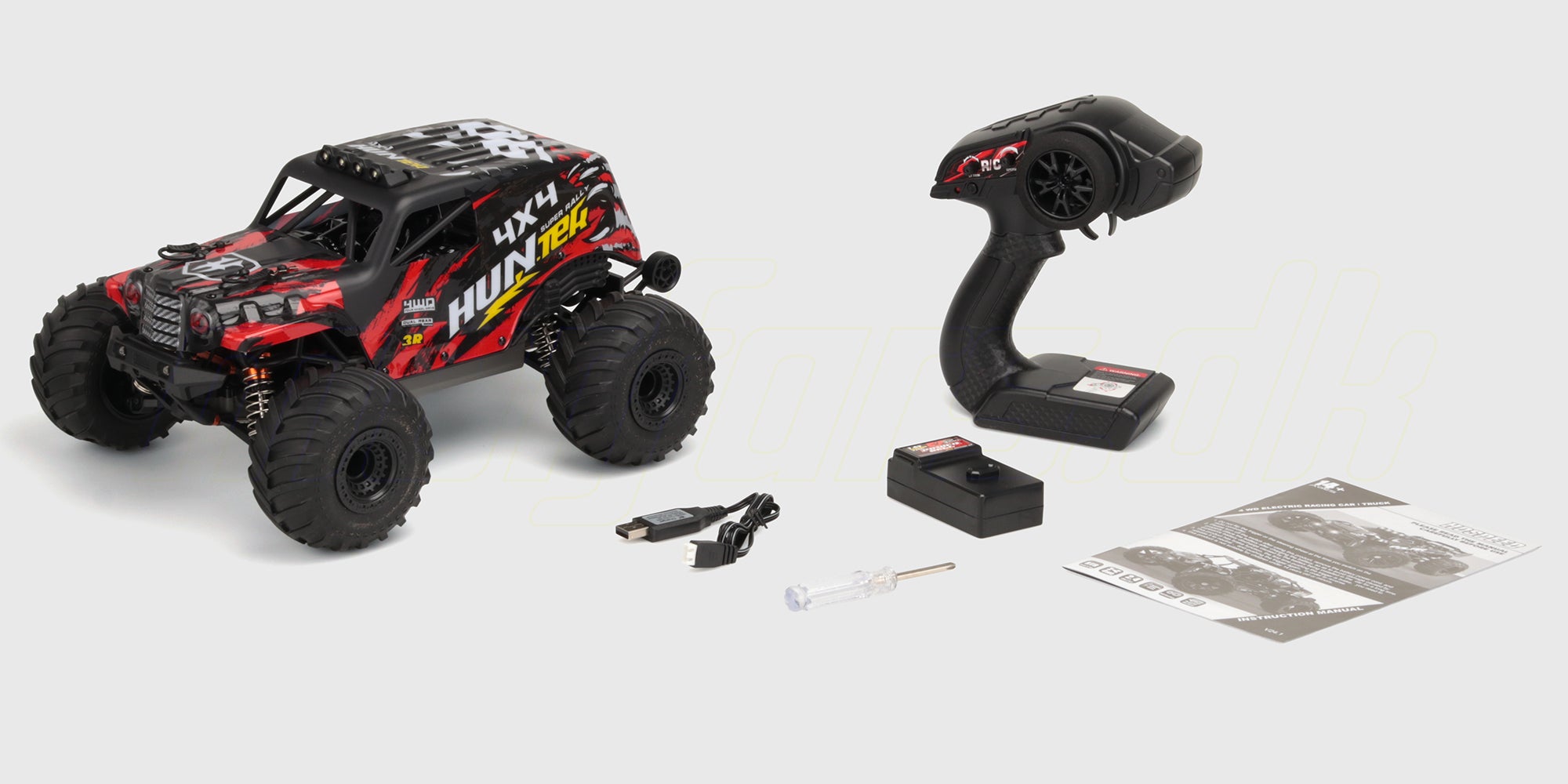 Hurricane XL Monster Truck i original emballage med fjernbetjening og tilbehør vist klar til brug.