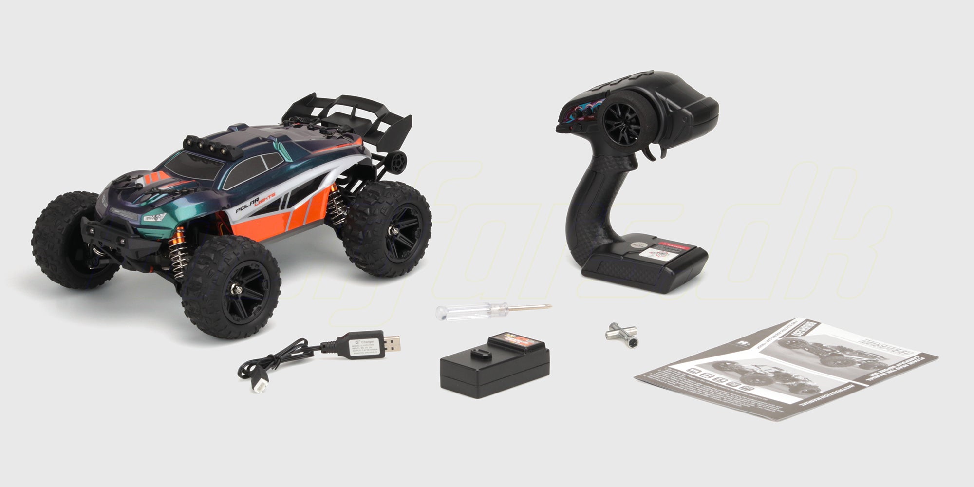 Blå og hvid Hurricane XL Brushless speedbåd i fuld fart på vandet med flot vandsprøjt.