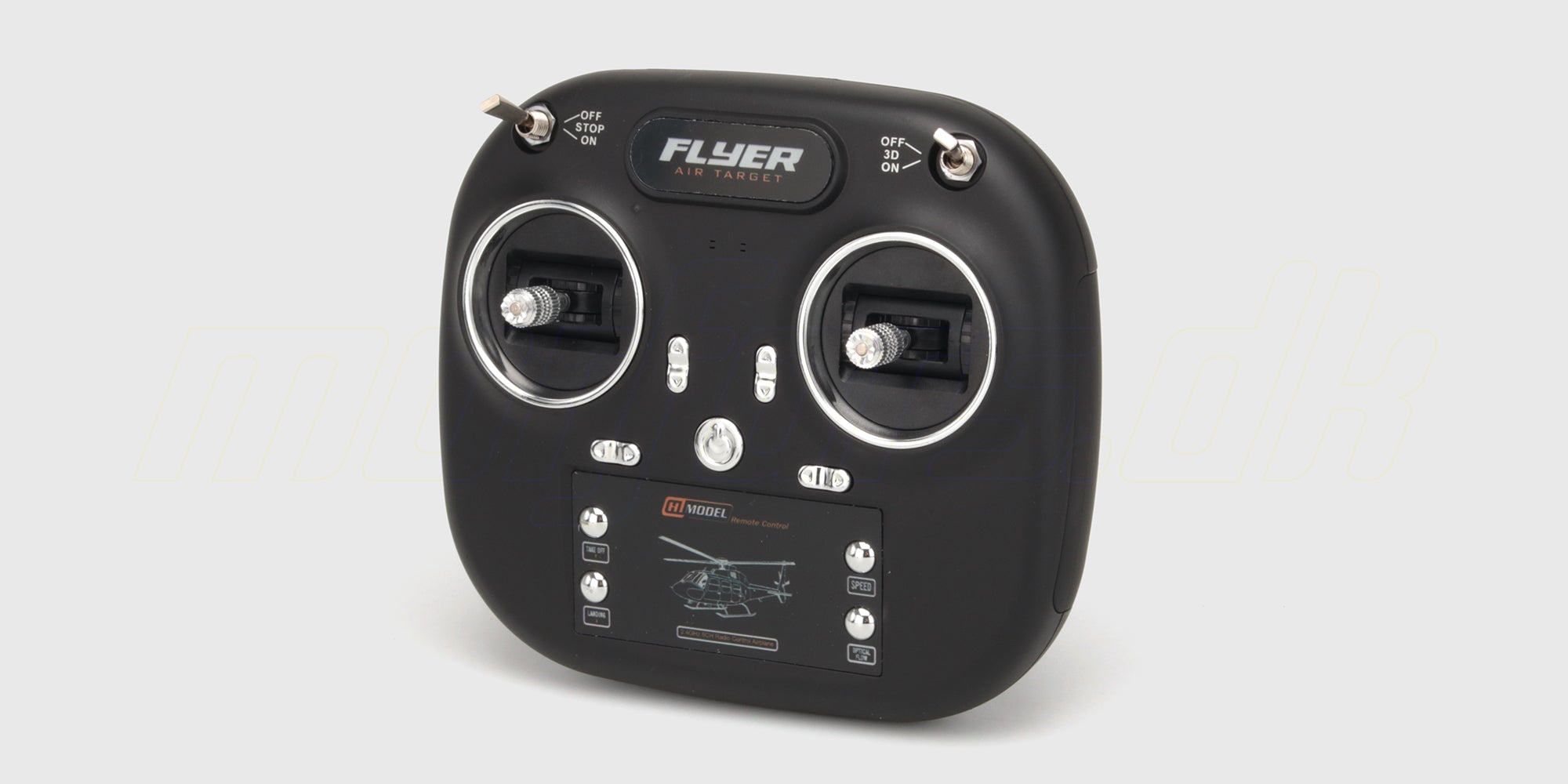 Sort fjernbetjening med to joysticks og kontrolknapper til styring af Top Hunter helikopteren.