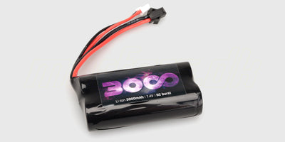 Kraftfuldt Li-ion 3000 mAh 7,4V Hurricane batteri med hvidt T-stik til fjernstyrede biler.