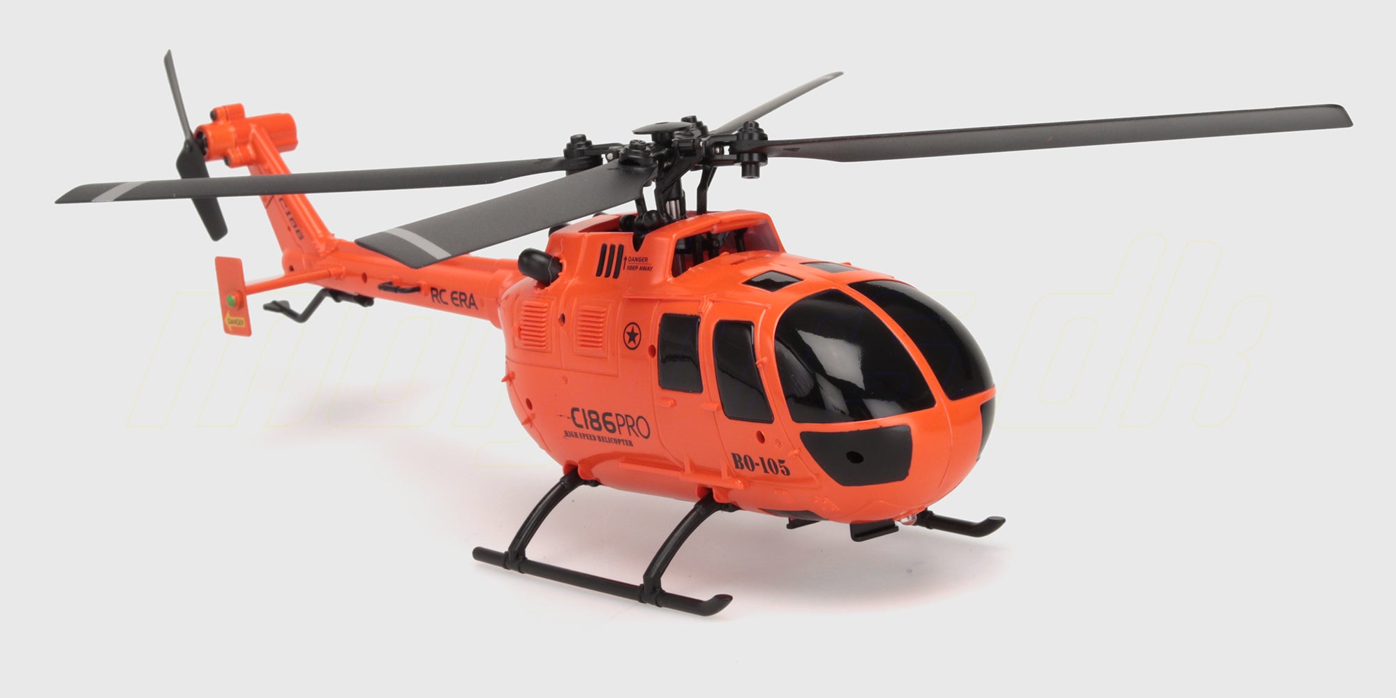 Grå C186 helikopter med 4-kanals styring og 6-akset gyro vist fra siden på hvid baggrund.