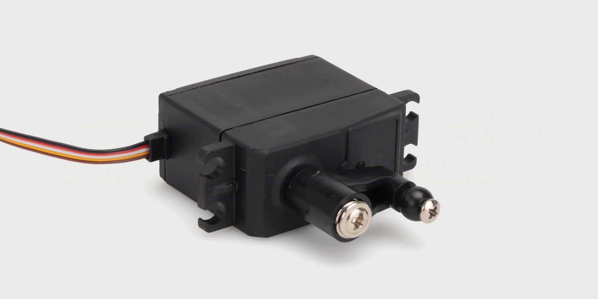 Sort Hammer styreservo i plast til fjernstyret bil med ledning og hvidt stik vist på hvid baggrund.