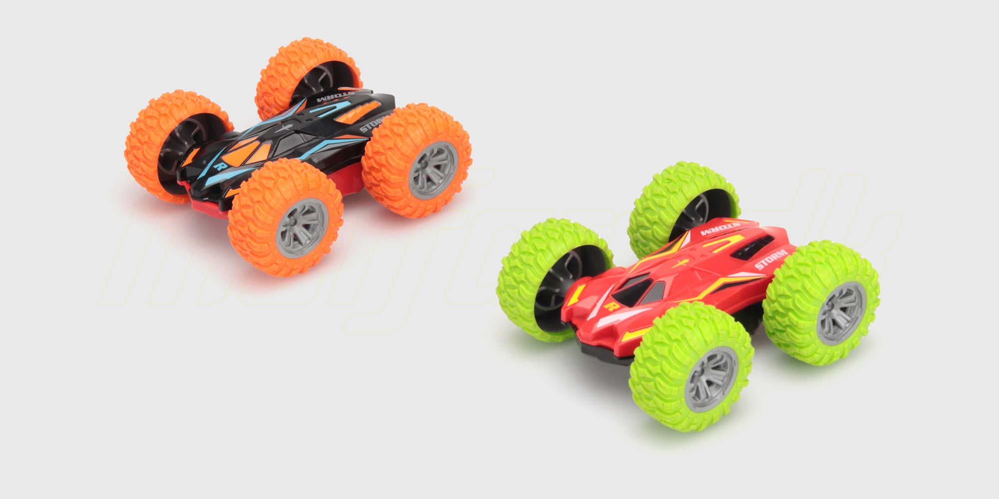 Grøn og gul Mini Stunt Car fjernstyret bil der laver et vildt trick på baghjulene.