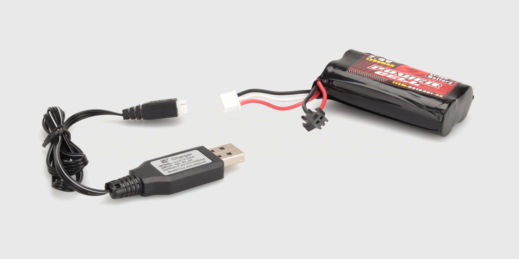 Sort USB-oplader og genopladelig batteripakke til Hurricane Drift fjernstyret bil.