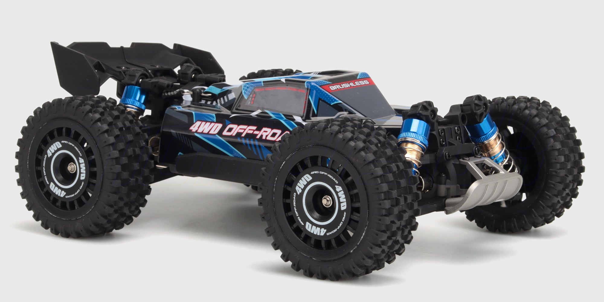 Blå HyperGo Buggy 3S fjernstyret bil med offroad-dæk og robust karrosseri vist fra siden på hvid baggrund.