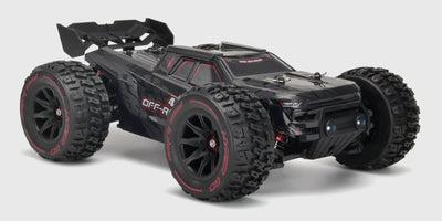 HyperGo EXtreme fjernstyret offroad truggy i rød og sort med kraftig affjedring og grove dæk.