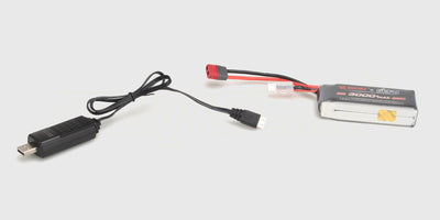 MJX batteripakke og USB-oplader til HyperGo EXtreme fjernstyret bil vist på hvid baggrund.