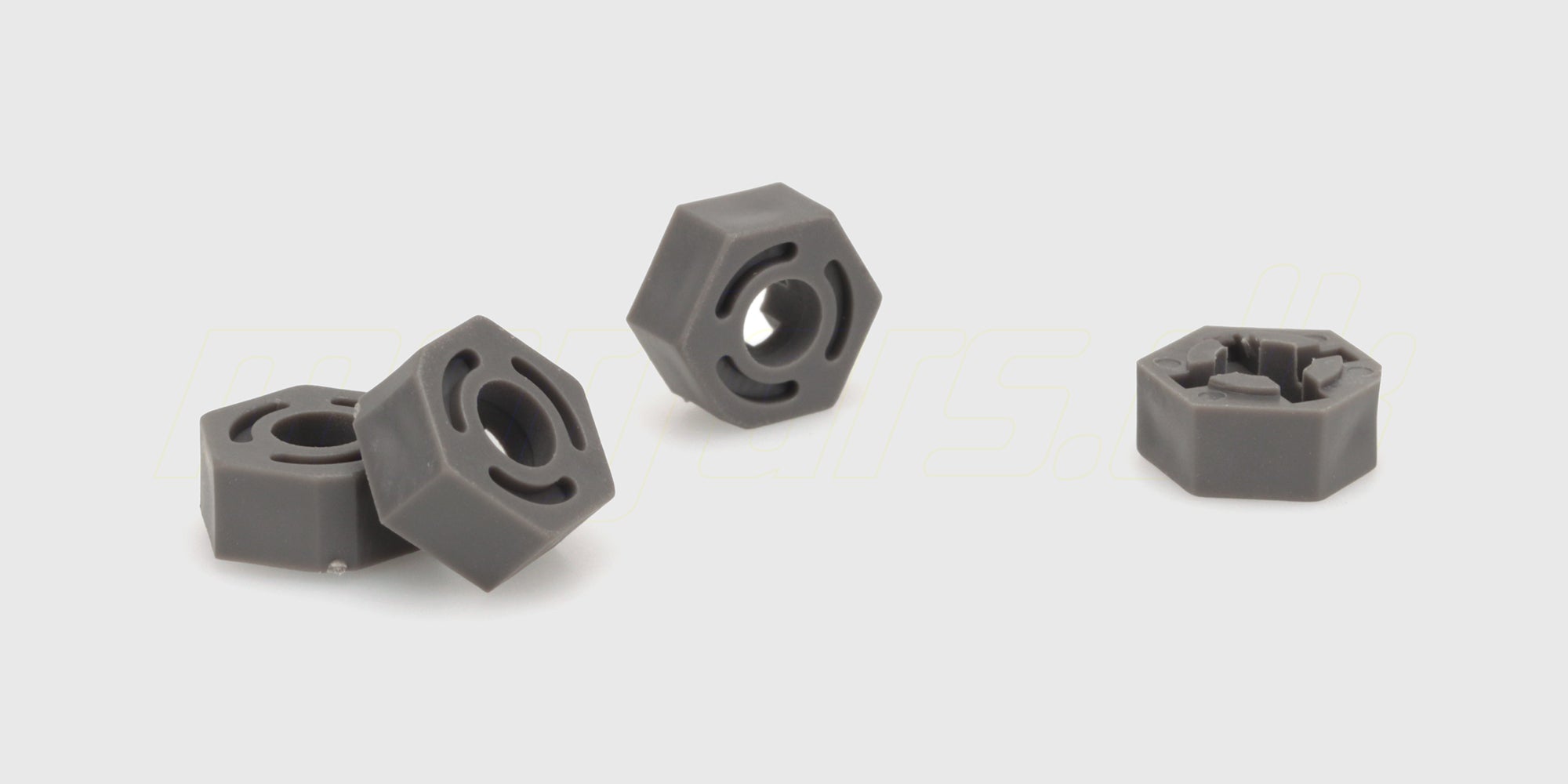 Sæt med fire sorte hexagon wheel hex medbringere og splitter til MJX Hyper Go fjernstyrede biler.
