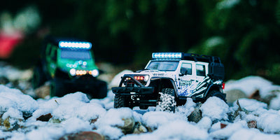 Orange Wild Beast Mini Crawler kører over sten i naturen med realistisk affjedring og terrændæk.