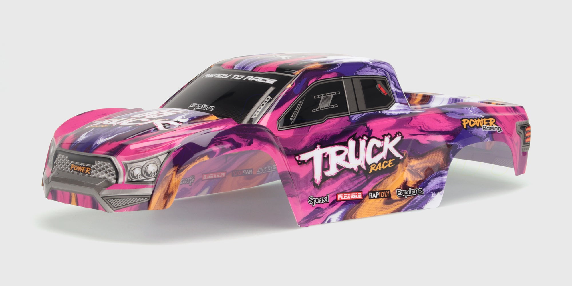 Blåt XLH karrosseri til fjernstyret monster truck med sorte detaljer og grafik.