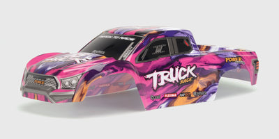 Blåt XLH karrosseri til fjernstyret monster truck med sorte detaljer og grafik.