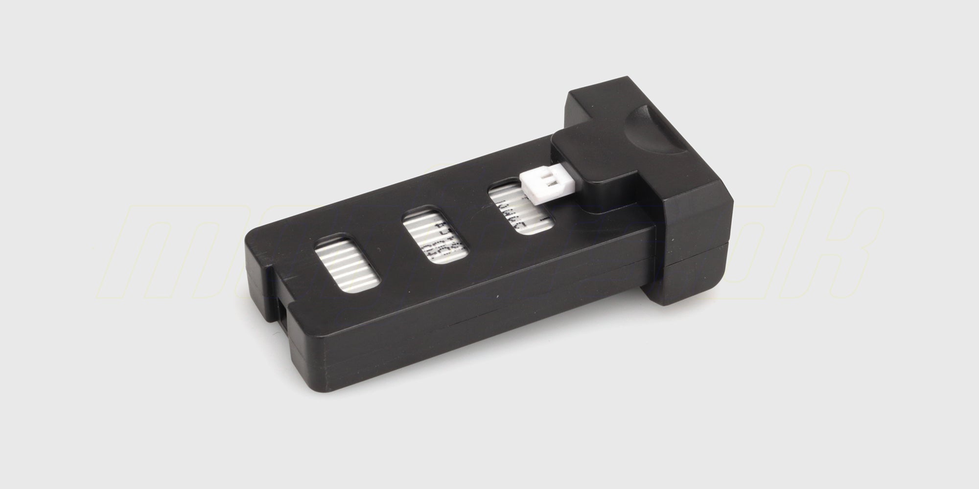 Sort genopladelig batteripakke til STX8B fjernstyret bil med hvidt stik og sorte ledninger.