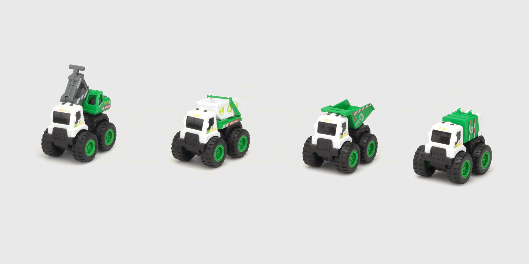 Blå Micro Monster friktionsbil med orange frontskovl og store terrænhjul til børn.