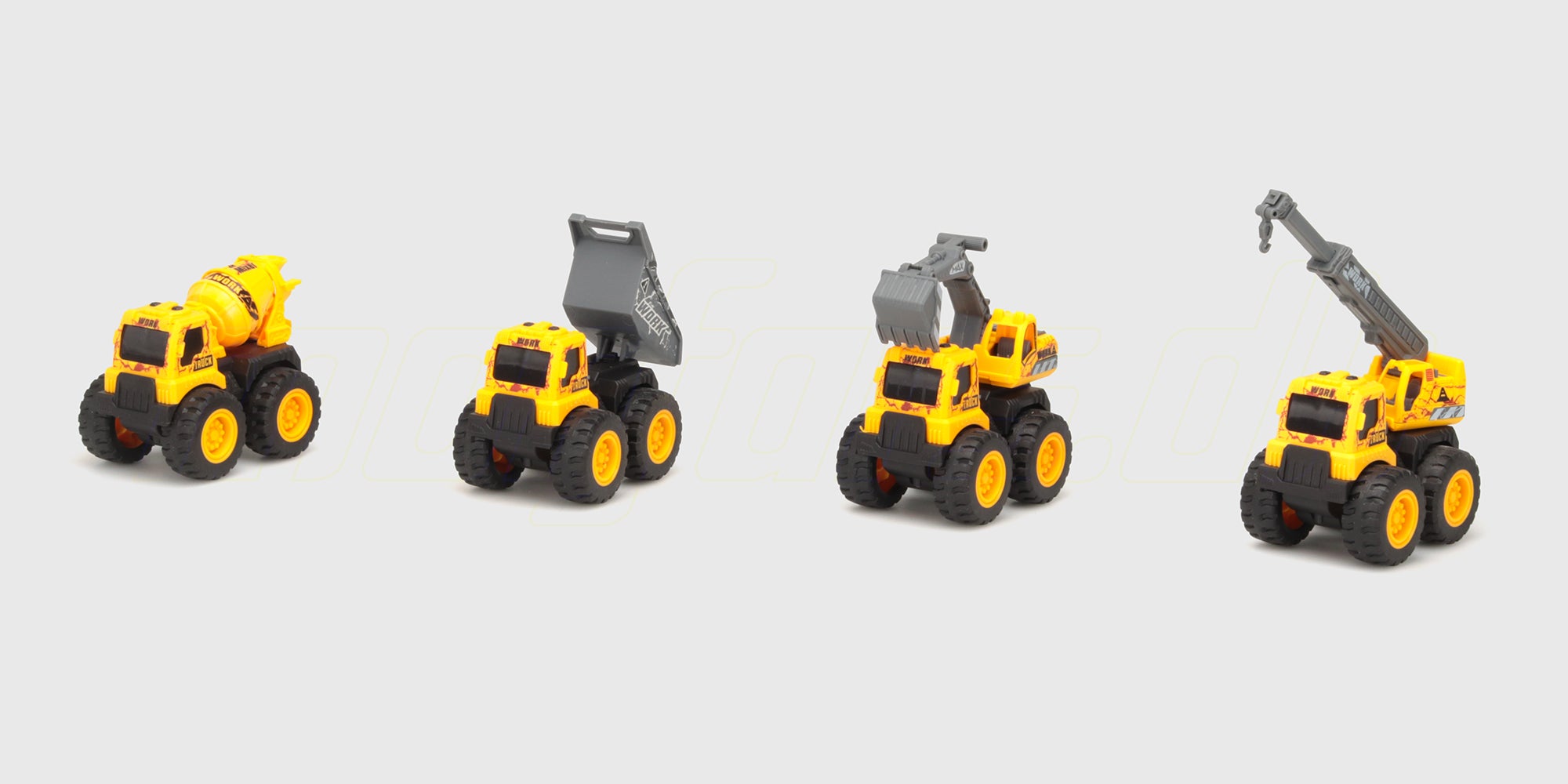 Gul Micro Monster friktionsbil med store hjul og gravko-arm til børn vist på hvid baggrund.