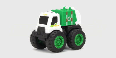 Grøn Micro Monster friktionsbil med store hjul og farverige detaljer til børn.