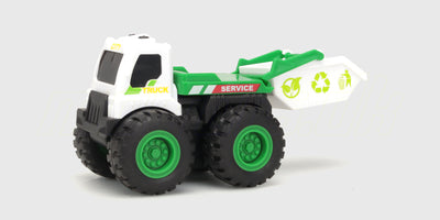 Gul Micro Monster friktionsbil med store terrængående dæk til børn vist på hvid baggrund.