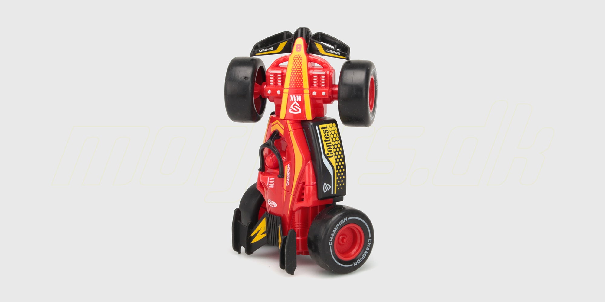 Hvid og rød Super Racer friktionsbil til børn i et hurtigt design med store dæk og racerstriber.