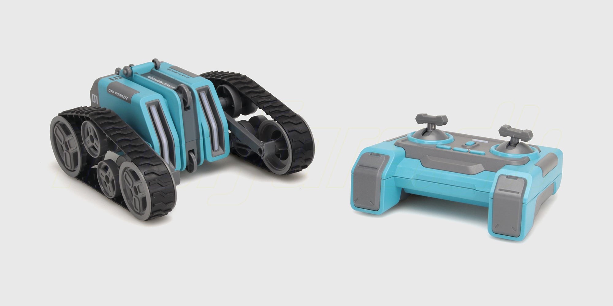 Blå fjernstyret Stunt Tank med larvefødder der laver et vildt stunt på en rampe.