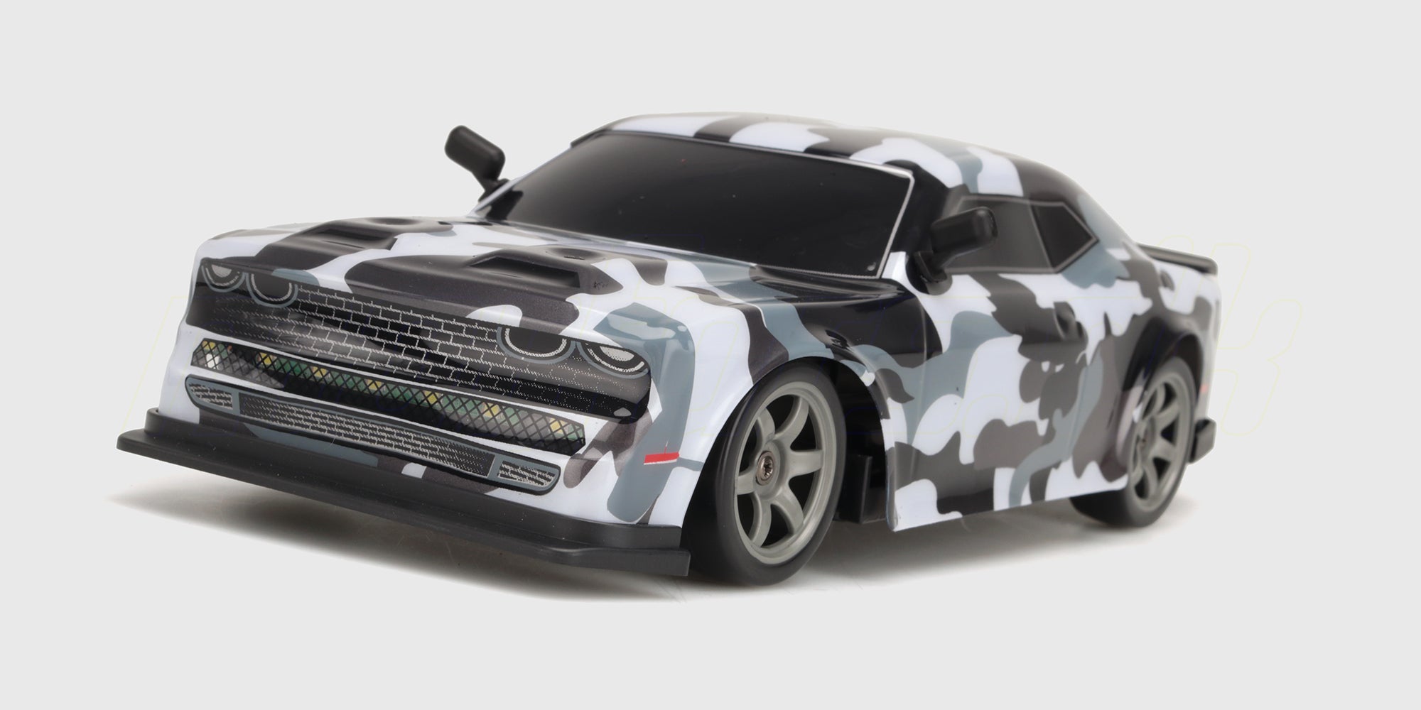 Grå Super Drifter 4WD fjernstyret driftbil med aerodynamisk vinge og detaljerede fælge på hvid baggrund.