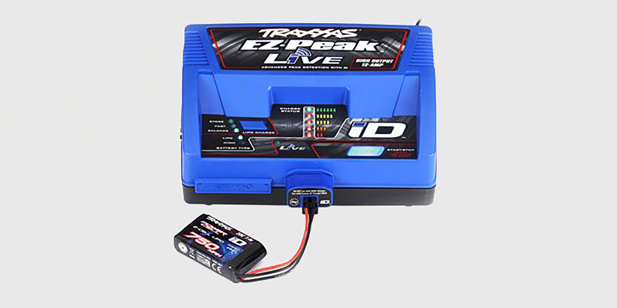 Traxxas iD opladeport til TRX-4M batterier vist med monteringsledninger på hvid baggrund.