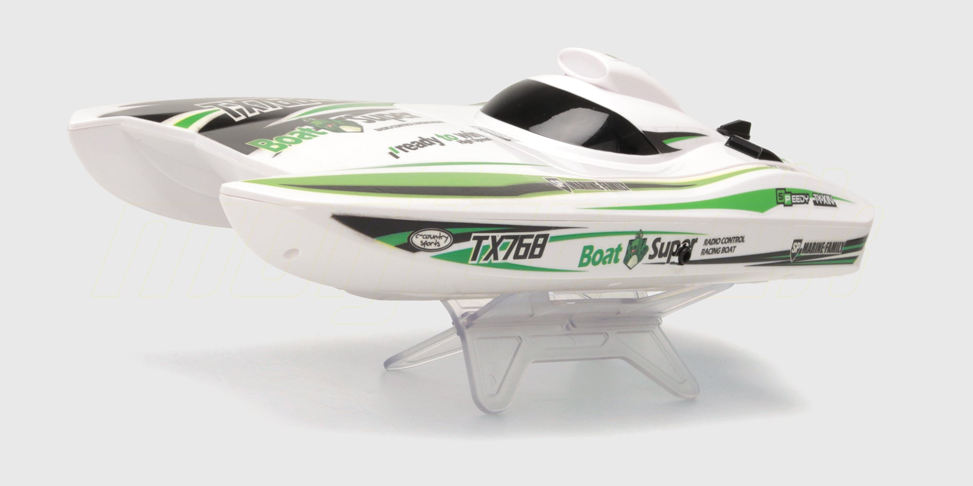 Blå Super Dino Brushless Racing Boat katamaran med jet-drive i fuld fart hen over vandet med vandssprøjt bagud.