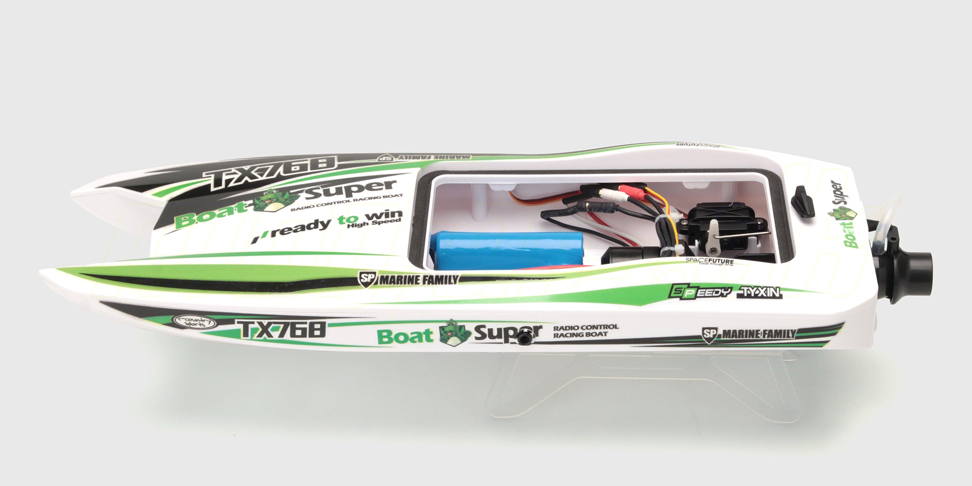 Hvid Super Dino Brushless Racing Boat med jet-drev og sort propel set fra siden på hvid baggrund.