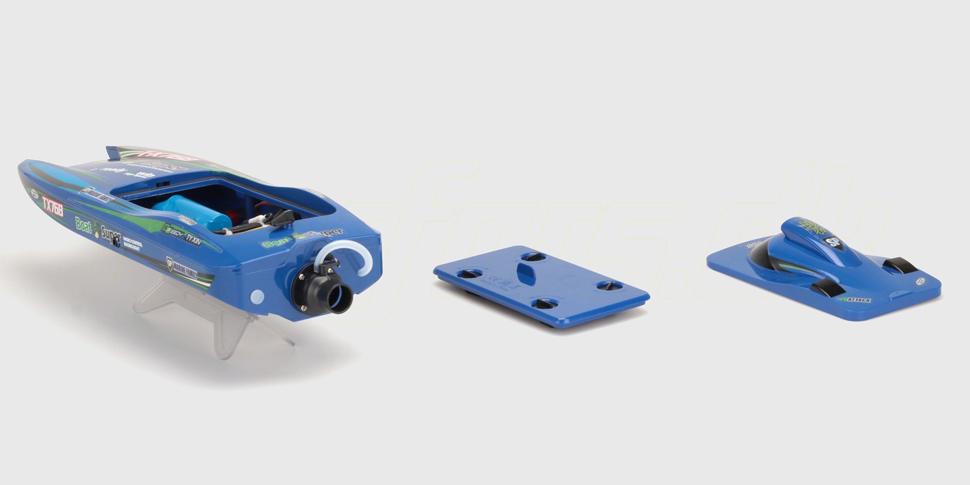 Grøn Super Dino børsteløs racerboat i høj fart hen over vandoverfladen med kraftigt sprøjt bagude.