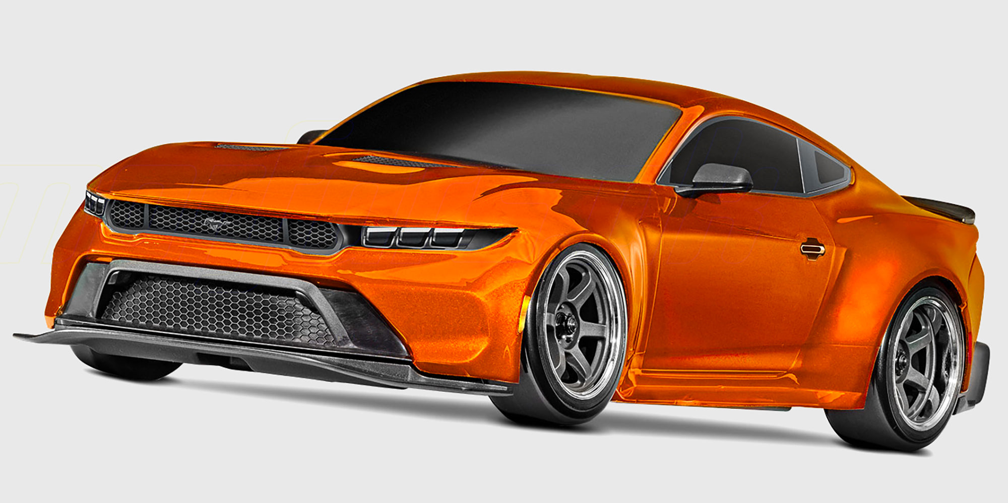 Traxxas Mustang 4-Tec Drift fjernstyret bil i mørkeblå metallic med hvide fælge set fra siden.