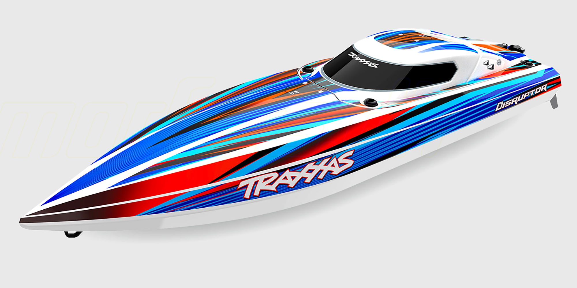 Hurtiggående Traxxas Disruptor racerbåd i blå og sort finish, der skærer gennem vandet med høj fart.