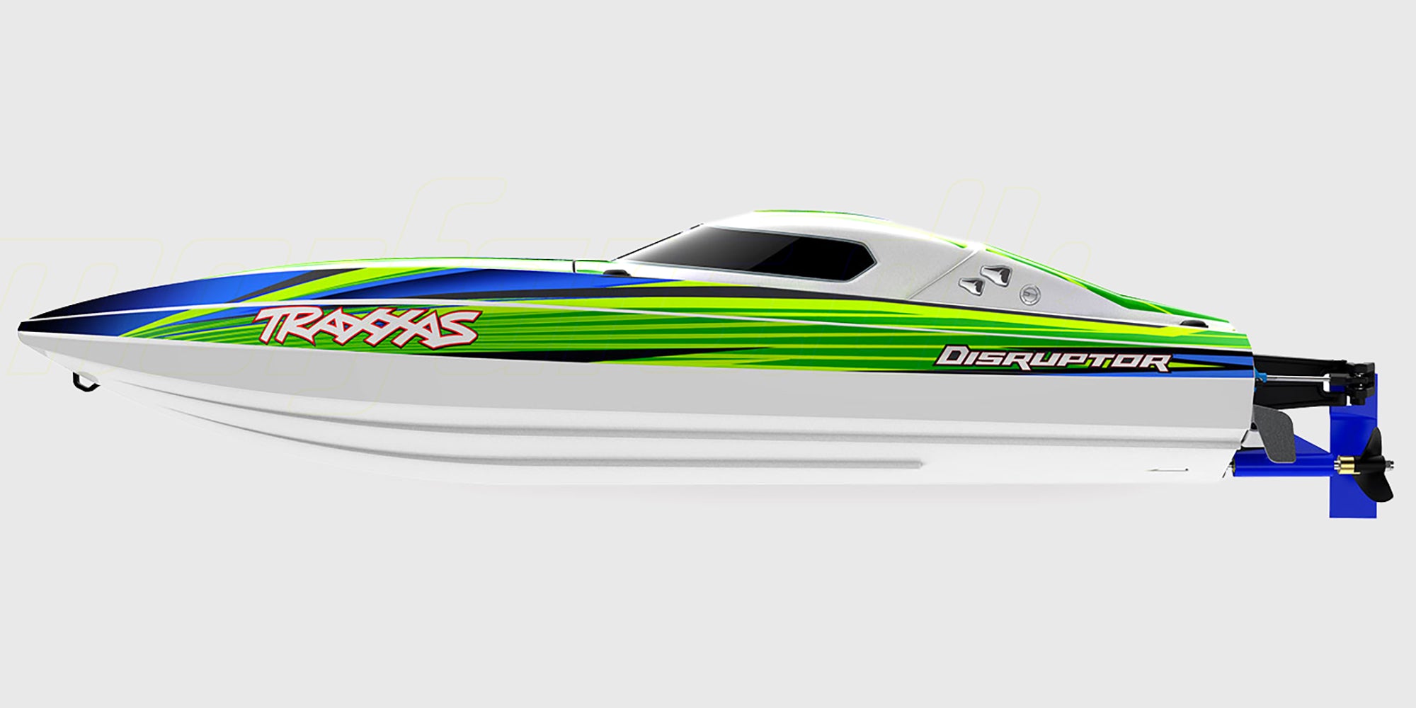 Orange Traxxas Disruptor racerbåd i høj fart gennem vandet med sprøjt fra hækken.