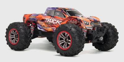 Orange XLH Race Truck fjernstyret bil med kraftig brushless motor set forfra på hvid baggrund.