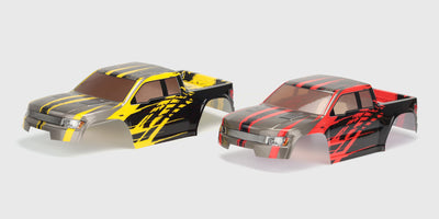 Gul Volcano XP4 karrosse med røde og hvide detaljer til fjernstyret monster truck.