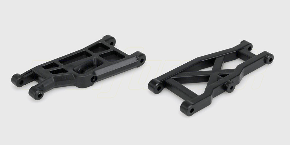 Sorte bærearme til for- og baghjulsophæng på en Hammer fjernstyret bil.
