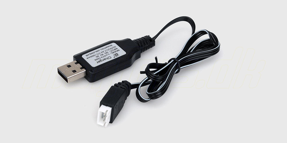 Sort Hammer USB-oplader med ladekabel til batterier i fjernstyrede biler.