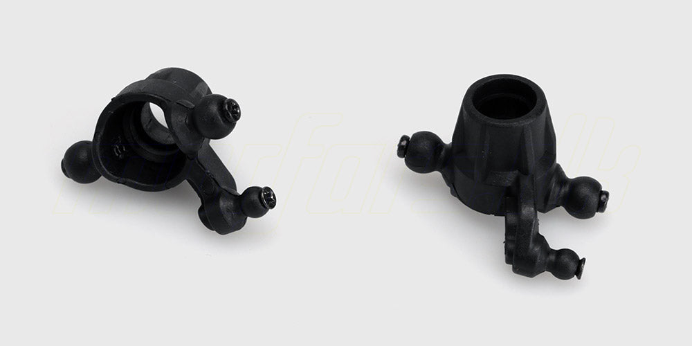 To sorte front steering cup styreblokke i plast til en fjernstyret Spirit bil vist på en hvid baggrund.