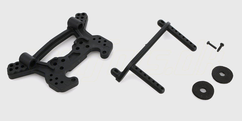 Sort shock tower sæt til for- og bagende på fjernstyret bil.