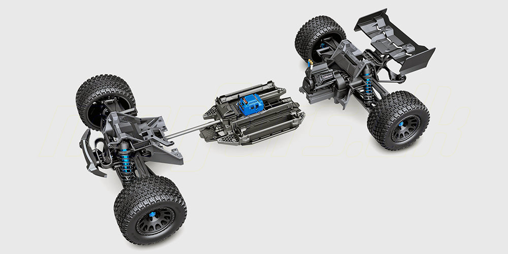 XRT Race Truck 8s chassis vist i modulære sektioner for at illustrere den robuste indvendige opbygning.