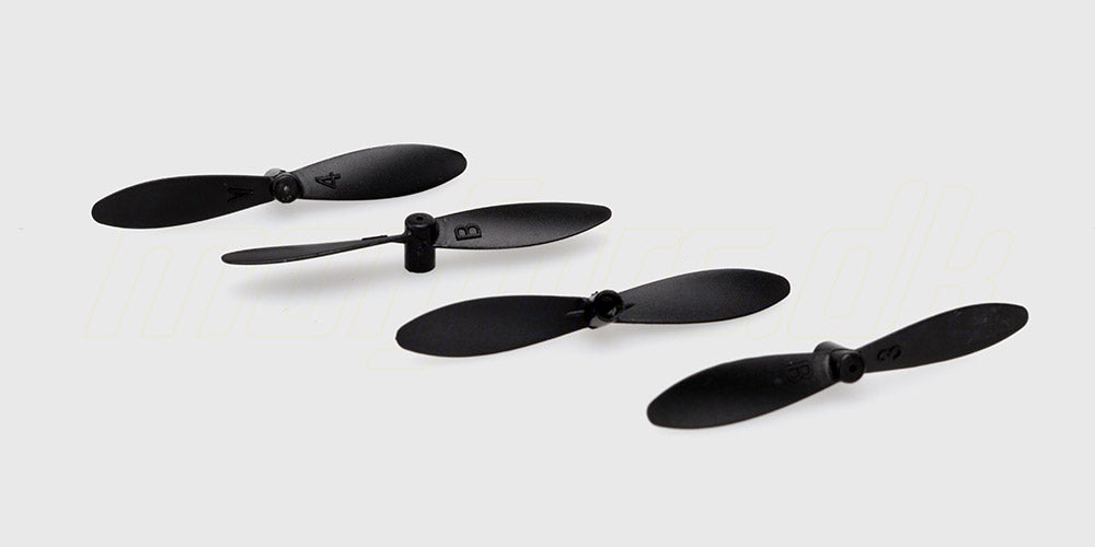 To hvide Space Racer propeller med to blade til fjernstyret drone vist på en hvid baggrund.