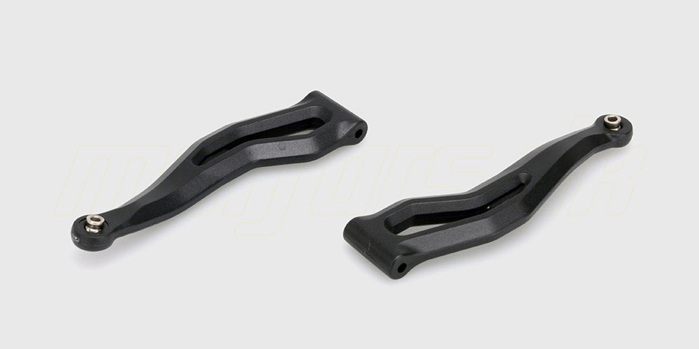 To sorte front upper arm bærearme i plast til Spirit XL fjernstyret bil vist på hvid baggrund.