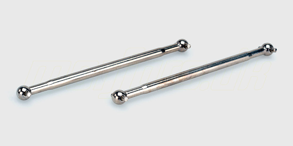 To sorte rear dog bone trækaksler i metal til Spirit XL fjernstyret bil vist på en hvid baggrund.