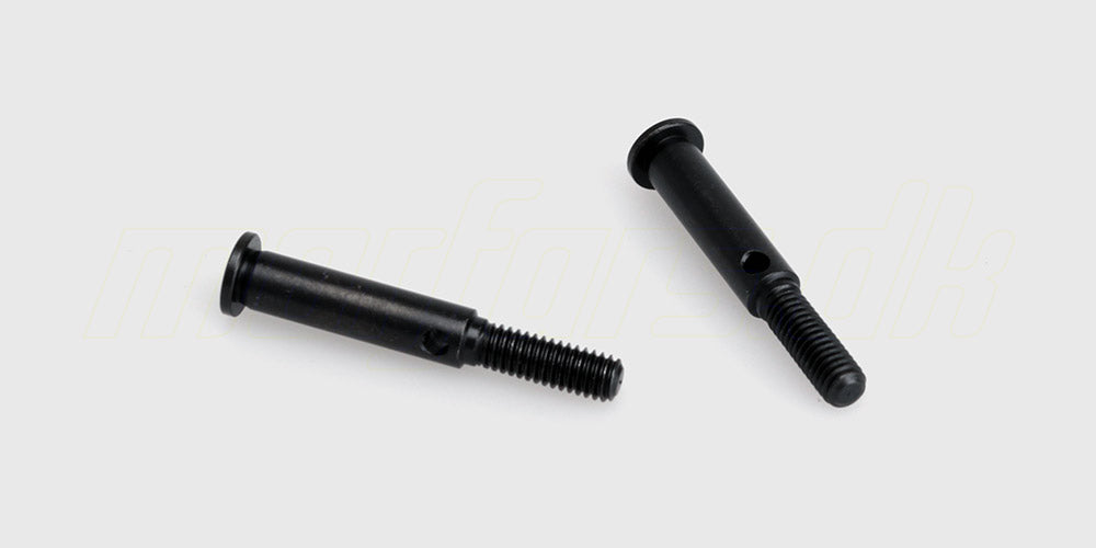 To robuste forhjulsaksler i metal til fjernstyrede biler, vist på en hvid baggrund.