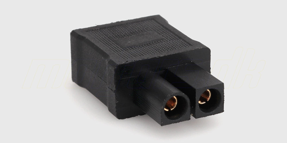 Konverteringskabel med hvidt Tamiya han-stik og rødt Deans T-plug hun-stik til fjernstyrede biler.