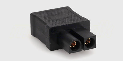 Konverteringskabel med hvidt Tamiya han-stik og rødt Deans T-plug hun-stik til fjernstyrede biler.