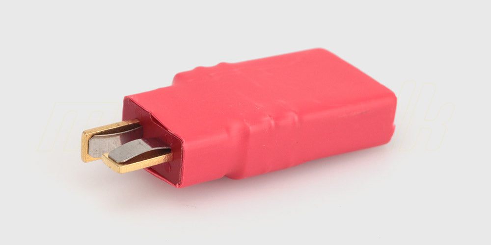 Adapter med TRX hunstik til Deans T-stik hanstik monteret med sorte og røde ledninger til fjernstyrede biler.