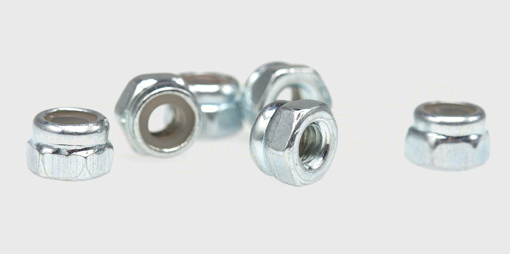 M3 låsemøtrik i metal med blå nylonring til sikring af skruer på fjernstyrede biler.